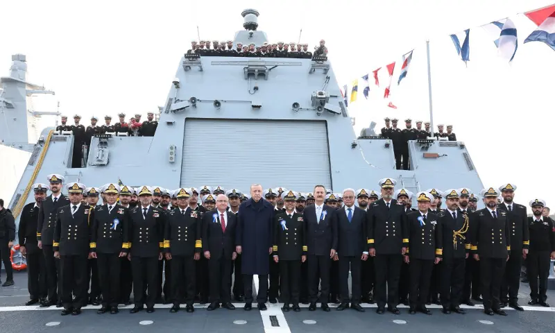 President Erdogan, Admiral Naveed Ashraf, and other officials at the commissioning ceremony of PNS Khaibar in Istanbul &mdash; Photo via ISPR