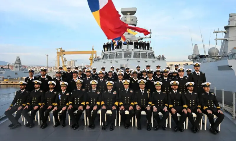 Pakistan Navy officials during a group photo at the commissioning ceremony of PNS Khaibar in Istanbul &mdash; Photo via ISPR