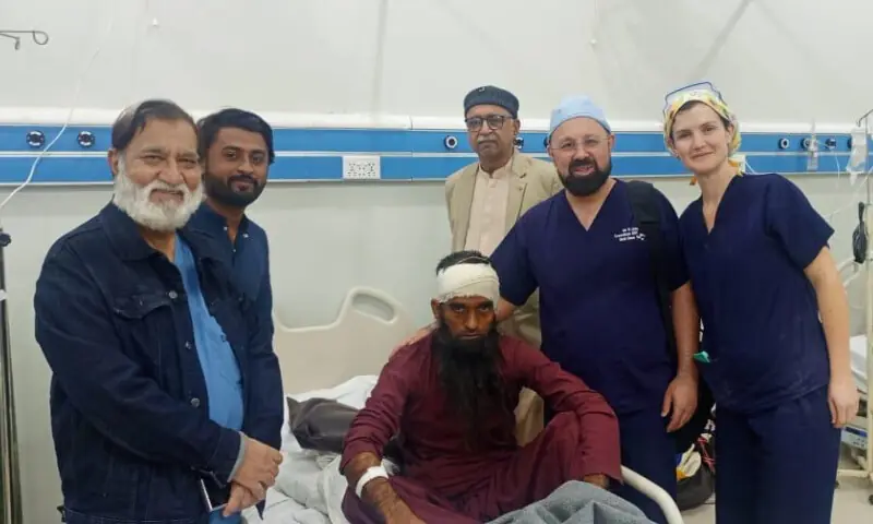 (extreme left) Dr Shaukat Malik, Dr Noweed Ahmed and Dr Ashleigh Ivy (on the left), both UK-based ENT specialists, pictured after a surgery at Bhittai hospital in Mirpurkhas. Mastoid surgery in progress at a hospital. – Photo via Author (extreme left) Dr Shaukat Malik, Dr Noweed Ahmed and Dr Ashleigh Ivy (on the left), both UK-based ENT specialists, pictured after a surgery at Bhittai hospital in Mirpurkhas. Mastoid surgery in progress at a hospital. – Photo via Author