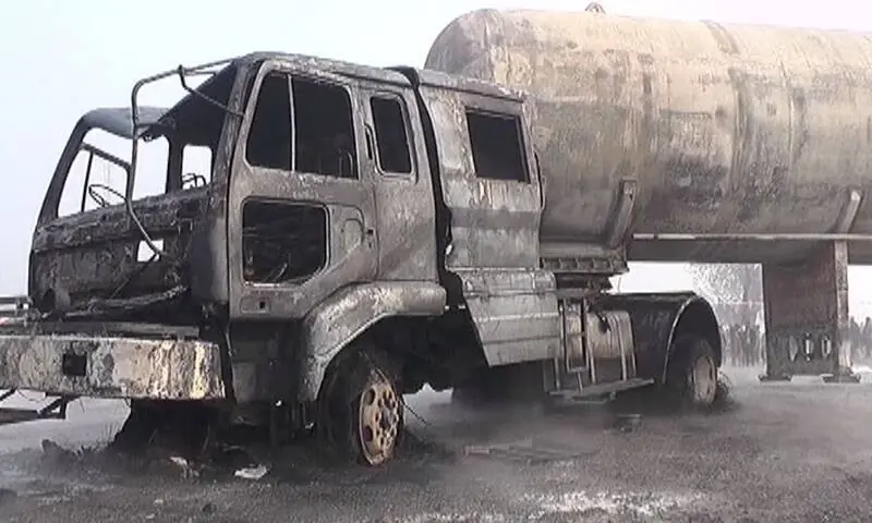 This file photo from 2016 shows an oil tanker after a collision with a car in Nankana Sahib. — DawnNewsTV This file photo from 2016 shows an oil tanker after a collision with a car in Nankana Sahib. — DawnNewsTV