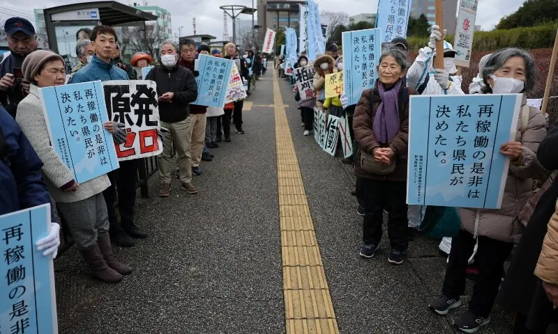 Protesters take part in a rally near Niigata prefectural government office building before voting takes place in the prefectural assembly on a partial restart of the Tokyo Electric Power Company&rsquo;s (TEPCO) in Niigata, Japan on December 22, 2025. &mdash; Reuters