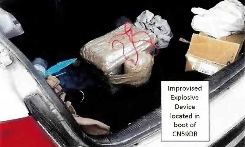 This handout photo from a court exhibit released by the NSW Courts as part of the police facts sheet on December 22, 2025 shows a general view of the boot of the vehicle CN59DR, registered to Naveed Akram, with what appears to be an improvised explosive device (IED), in Sydney. &mdash; AFP