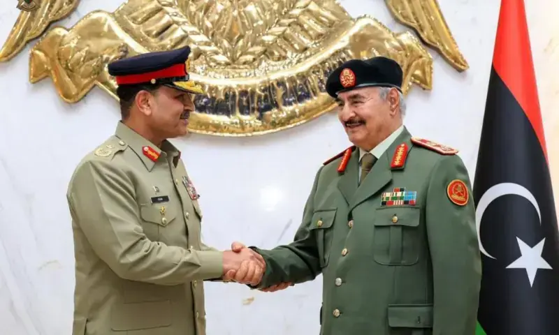 Chief of Defence Forces (CDF) Asim Munir calls on Commander-in-Chief of the Libyan Arab Armed Forces Khalifa Belqasim Haftar, in Libya on December 18. — ISPR/File Chief of Defence Forces (CDF) Asim Munir calls on Commander-in-Chief of the Libyan Arab Armed Forces Khalifa Belqasim Haftar, in Libya on December 18. — ISPR/File
