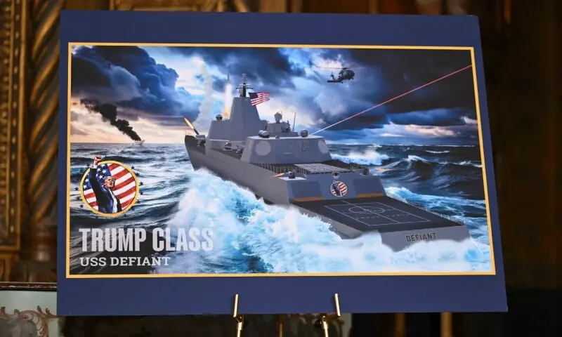 A concept rendering of the proposed Trump class USS Defiant is displayed as US President Donald Trump announces the US Navy’s new Golden Fleet initiative, unveiling plans for a new class of warships at Mar-a-Lago in Palm Beach, Florida, on December 22, 2025. — AFP