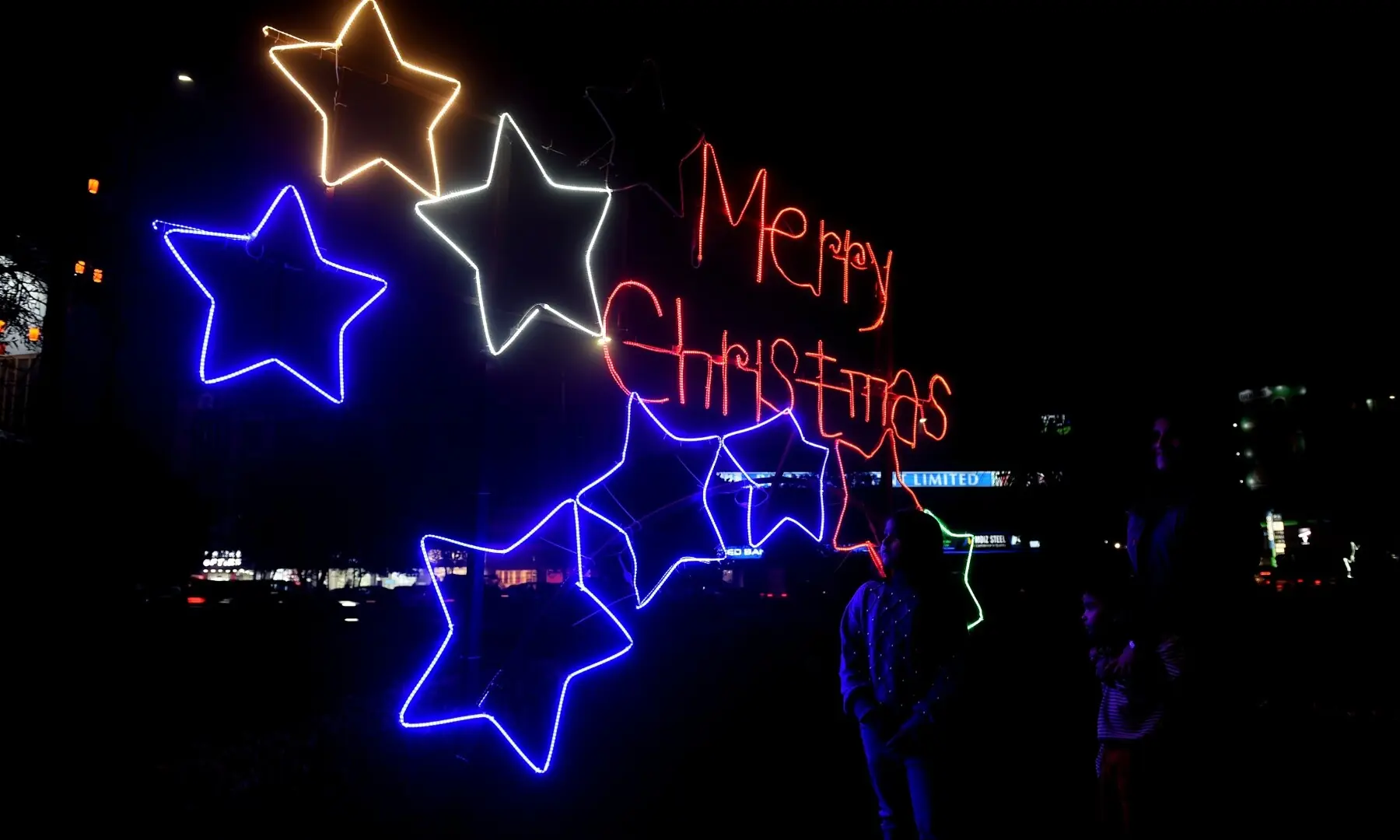 Illuminated view of Lahore&rsquo;s Liberty Ground, decorated for Christmas Eve celebrations. &mdash;  Murtaza Ali/ White Star