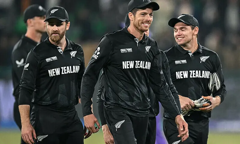 New Zealand&rsquo;s captain Mitchell Santner (C) and his teammates gesture after winning the ICC Champions Trophy one-day international (ODI) semi-final cricket match between New Zealand and South Africa at the Gaddafi Stadium in Lahore on March 5. &mdash; AFP