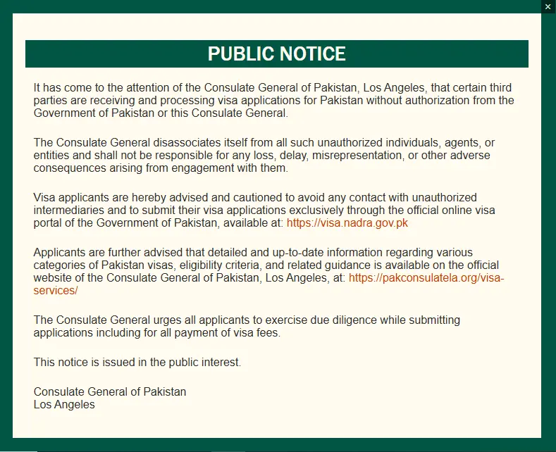 A screenshot of a notice from the Pakistani Consulate in Los Angeles warning about unauthorised visa applications. — Screengrab