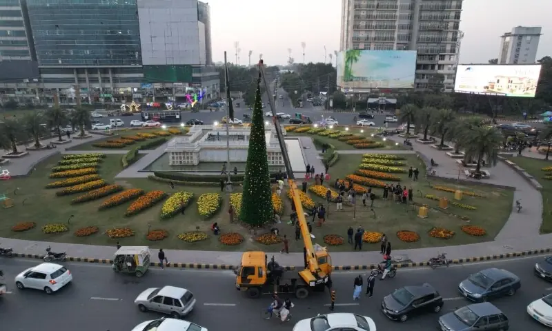A 42-foot-tall Christmas tree  has been installed at Liberty Chowk, Lahore. &mdash;Photo courtesy @MaryamNSharif/X