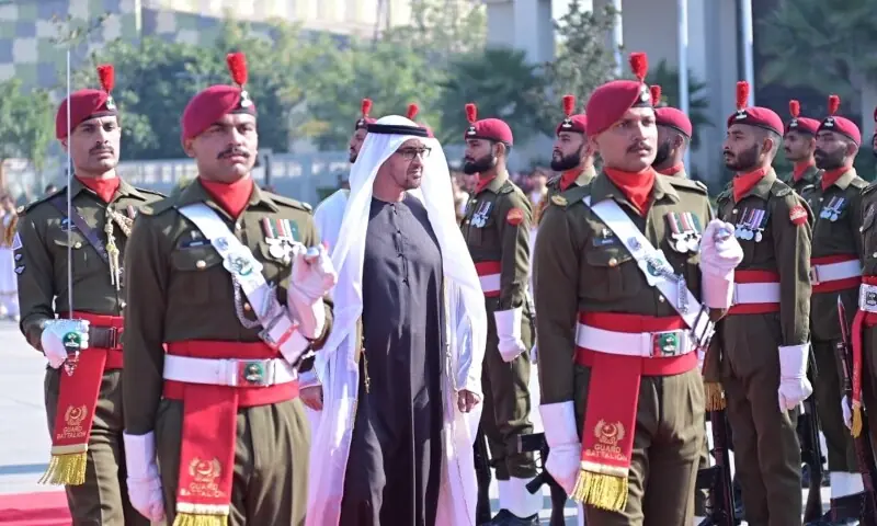 Mohammed bin Zayed al-Nahyan receives guard of honour upon arrival at Nur Khan airbase on December 26. &mdash; Photo via X/@GovtofPakistan