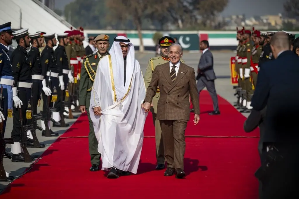 UAE President Mohammed bin Zayed al-Nahyan is received by Prime Minister Shehbaz Sharif at Nur Khan airbase. &mdash; Mohammed bin Zayed X