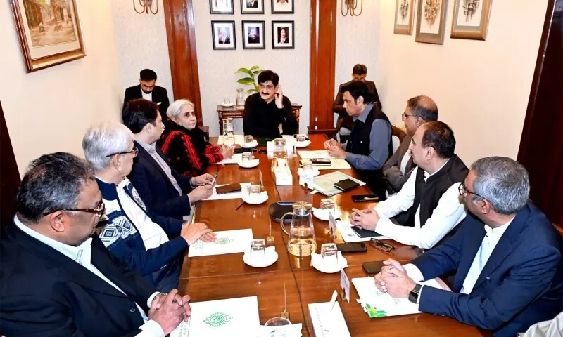 Sindh Chief Minister Syed Murad Ali Shah presides over a meeting regarding a new 600-bed hospital in Larkana at CM House on Dec 26. &mdash;Photo courtesy SindhCMHouse/X