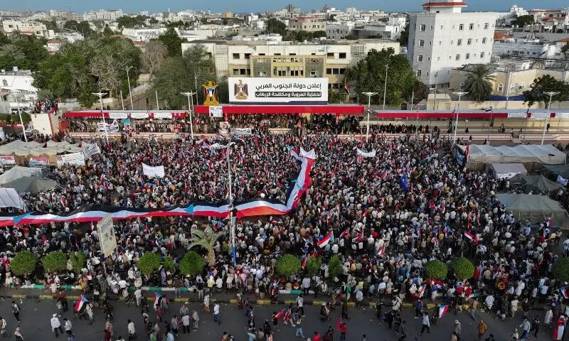 A drone view shows people attending a rally organised by Yemen’s main separatist group, the Southern Transitional Council (STC), in Aden, Yemen, on December 21. — Reuters A drone view shows people attending a rally organised by Yemen’s main separatist group, the Southern Transitional Council (STC), in Aden, Yemen, on December 21. — Reuters