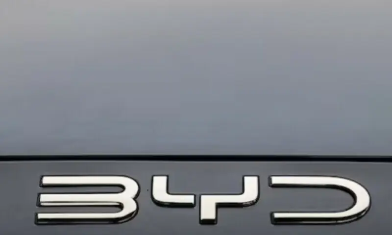 A view shows a logo of BYD, on the BYD SEAL electric vehicle, displayed at the BYD Pakistan Metropole Experience Centre in Karachi on July 23, 2025. &mdash; Reuters/File