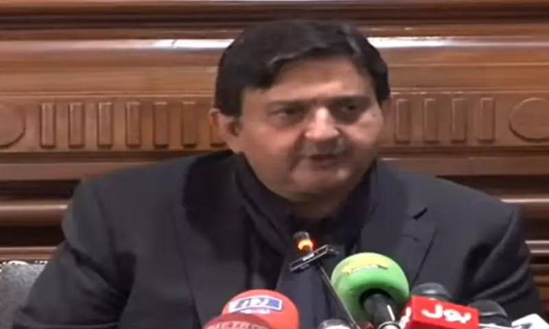 Punjab Assembly Speaker Malik Ahmad Khan addresses a press conference in Lahore on December 29. &mdash; DawnNewsTV