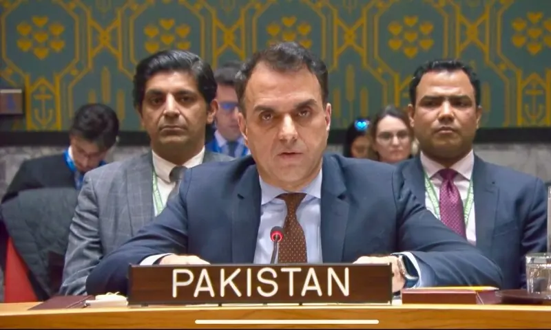 Pakistan&rsquo;s Deputy UN Ambassador Muhammad Usman Iqbal Jadoon addresses the UNSC on Monday. &mdash; Photo courtesy PakistanUN_NY/X
