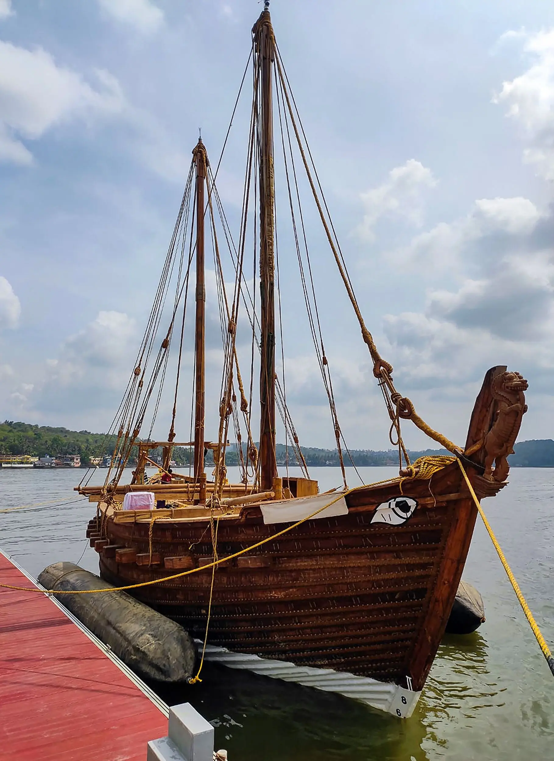    THE INSV Kaundinya, a wooden ship inspired by a fifth century design, lies anchored along the Arabian Sea coast in Porbandar, Gujarat.—AFP   