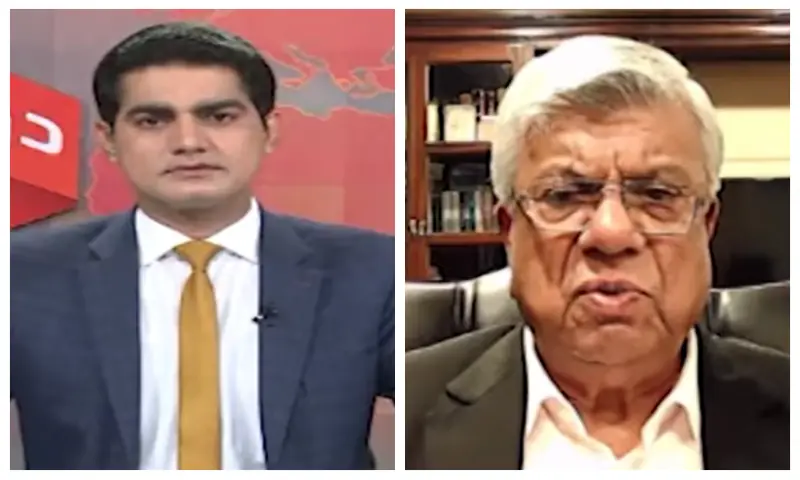 This combination photo shows Nadir Guramani and Arif Habib in conversation on the DawnNewsTV programme Doosra Rukh. &mdash; via DawnNewsTV