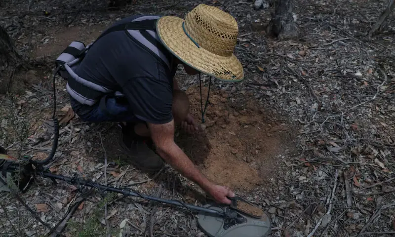 Darren Gregoire, 62, holds a scoop of soil closer to the metal detector during a gold-prospecting tour in Maryborough, Australia, November 28, 2025. — REUTERS