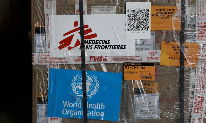 View of humanitarian supplies for Gaza, with the logos of Medecins Sans Frontieres (Doctors Without Borders) and World Health Organization, stored at the Egyptian Red Crescent warehouses storing aid, in the Egyptian border town of El-Arish, Egypt on April 8, 2025. &mdash; Reuters/File