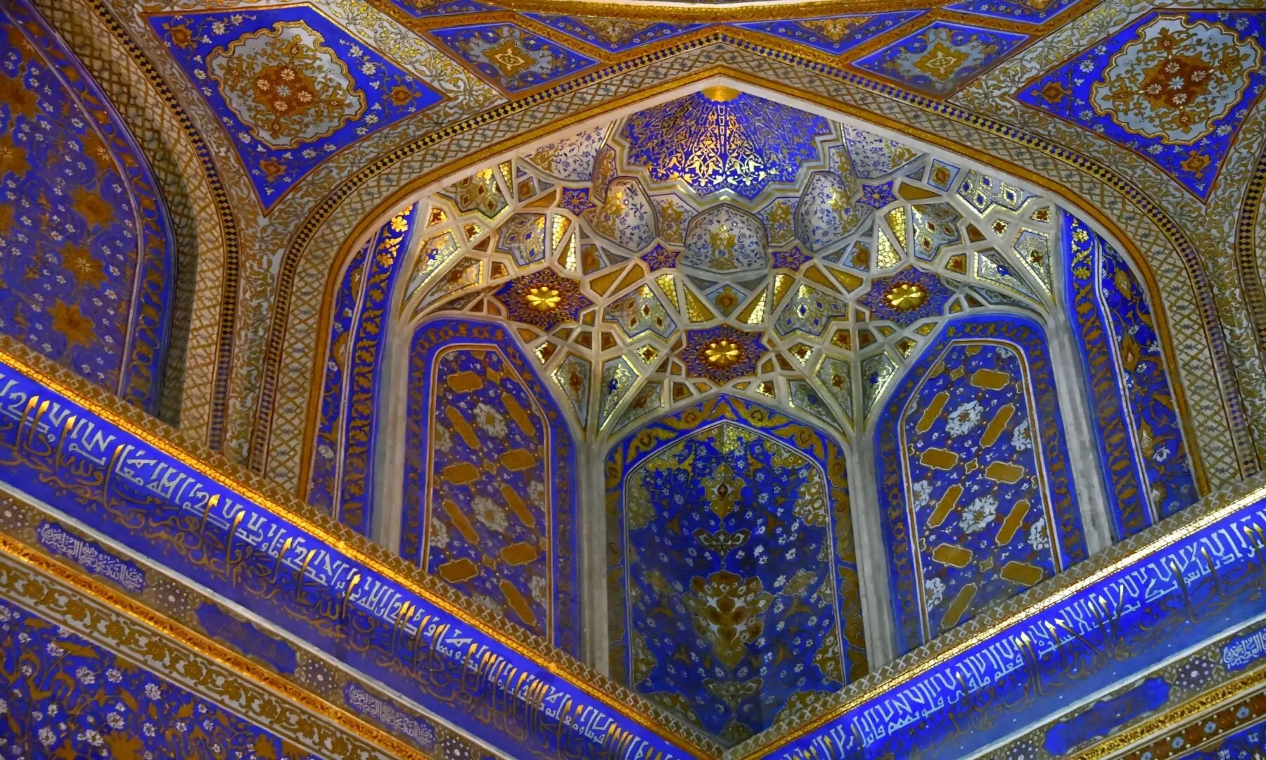 The patterns in the tiles at the Shah-i Zinda in Samarkand are decorated in blue, white and turquoise tiles. — Via The Star
