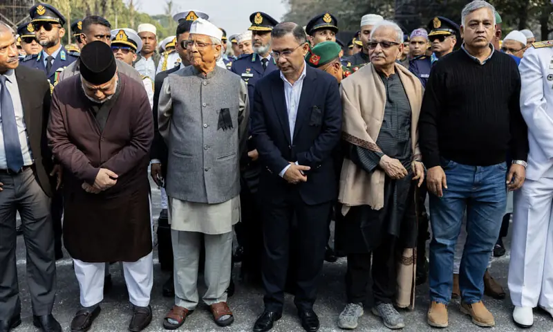 Muhammad Yunus, the chief adviser of Bangladesh&rsquo;s interim government (second from left) and Khaleda Zia&rsquo;s son, Tarique Rehman (centre) at Khaleda Zia&rsquo;s funeral prayers in Dhaka, Bangladesh on December 31. &mdash; Photo courtesy Muhammad Yunus/ X