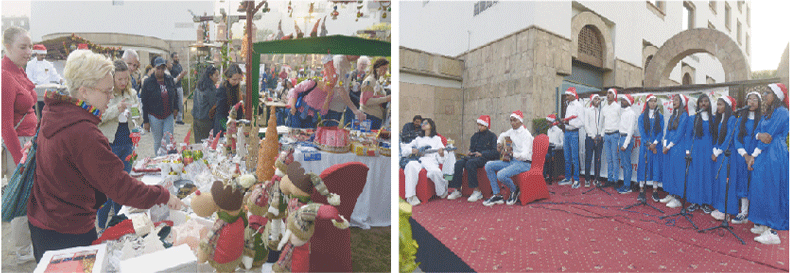 Visitors look at various items on display at stalls while a choir sings carols at the Christmas Charity Market organised by the German embassy in Islamabad on Sunday. &mdash; Photos by Mohammad Asim