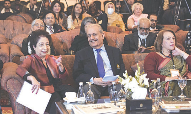 DR Maleeha Lodhi and Raza Rabbani share a light moment during the summit. Farzana Bari is also seen. &mdash; White Star