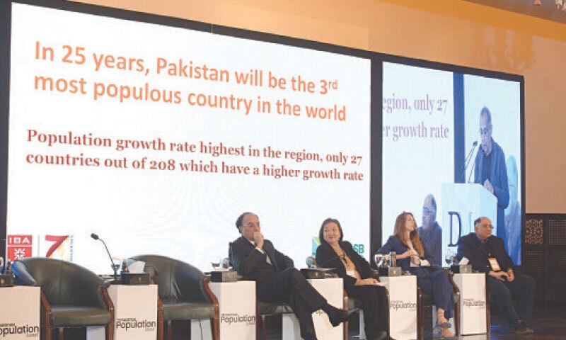 FINANCE Minister Muhammad Aurangzeb, World Bank Country Director Dr Bolormaa Amgaabazar, British High Commissioner Jane Marriott and Lums VC Dr Ali Cheema listen as IBA&rsquo;s Dr S. Akbar Zaidi speaks during a discussion on accelerating population growth. &mdash; Photo by Mohammad Asim
