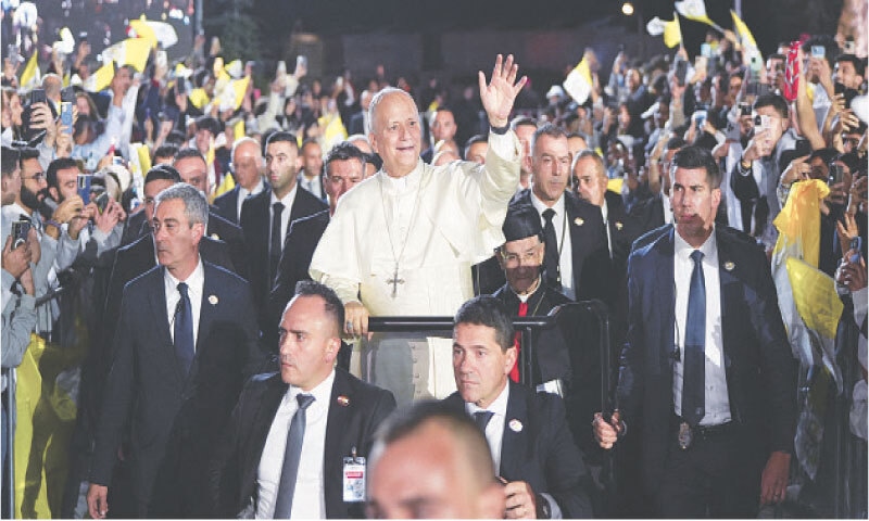 POPE Leo greets the crowd in Bkerke, Lebanon, upon arriving for a meeting with religious leaders.—Reuters POPE Leo greets the crowd in Bkerke, Lebanon, upon arriving for a meeting with religious leaders.—Reuters