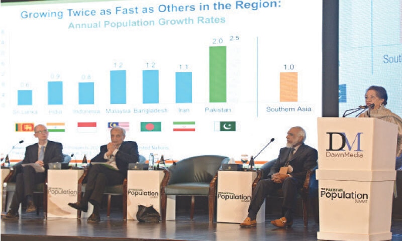 Dr Zeba Sathar, country director of the Population Council, delivers her keynote during the session titled &lsquo;Restoring the Population Balance by 2025&rsquo;. Consortium for Development Policy Research&rsquo;s Dr Hanid Mukhtar, former Pide joint director Dr G.M. Arif, and Sam Waldock of the British High Commission are also seen.&mdash;Mohammad Asim/White Star