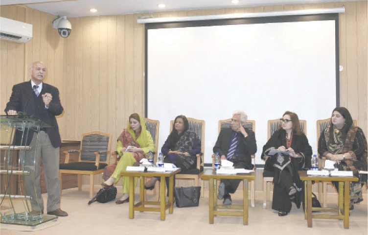 Former Senator Mushahid Hussain Syed speaks on Pak-US relations at Szabist university in Islamabad on Thursday, as Dr Nafisa Shah, Naz Baloch look on. &mdash; Photo by Tanveer Shahzad