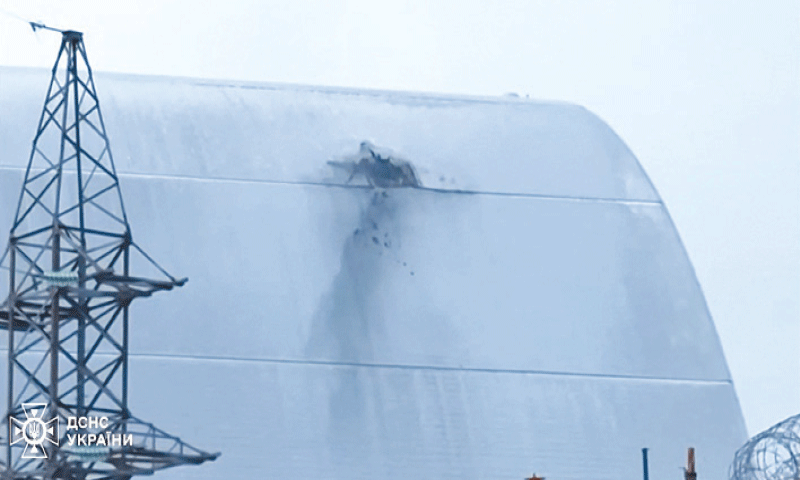 A Feb 14 file photo shows the former Chernobyl Nuclear Power Plant following a drone attack on its cover built to contain radiation.&mdash;AFP