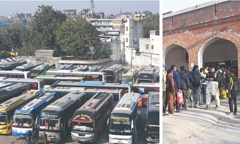 Vehicles parked at Badami Bagh General Bus Stand following transporters&rsquo; strike to protest heavy traffic fines. (right) Stranded passengers rush to the railway station to buy train tickets. &mdash; White Star