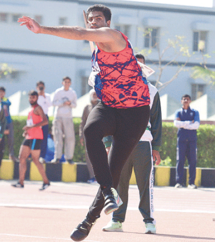 ARSHAD Nadeem of Wapda competes to win the men&rsquo;s javelin throw at the National Games on Monday.&mdash;White Star