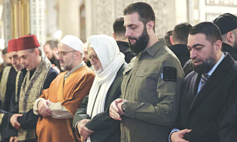 SYRIA&rsquo;s President Ahmed al Sharaa attends prayers at Umayyad Mosque in Damascus during the anniversary of the ouster of Bashar al Assad.&mdash;AFP