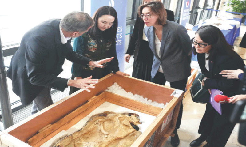 MONGOLIA&rsquo;s Culture Minister Undram Chinbat and France&rsquo;s Public Accounts Minister Amelie de Montchalin listen to a palaeontology expert during the ceremony in Paris.&mdash;AFP