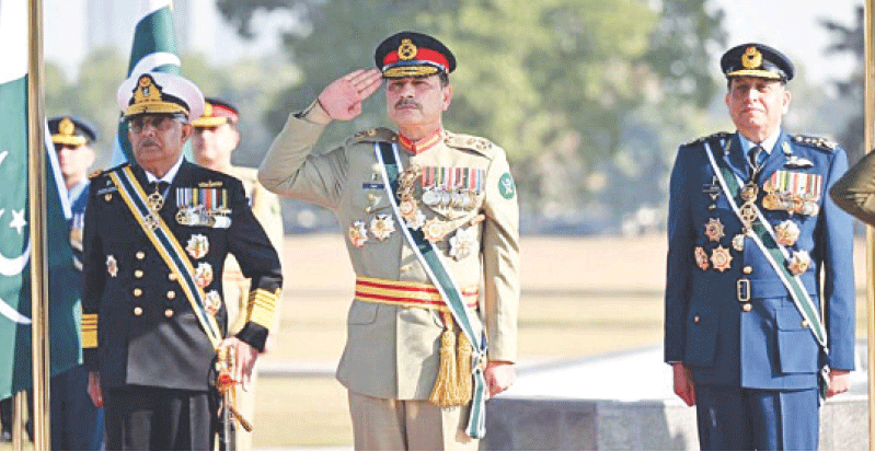 ARMY chief Field Marshal Syed Asim Munir acknowledges a Tri-Services Guard of Honour, marking his appointment as the country&rsquo;s first chief of defence forces.&mdash;PPI