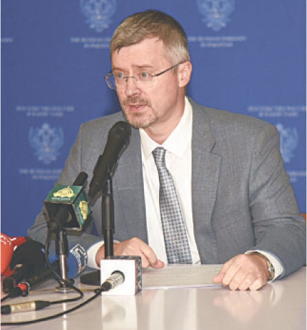 Russian Ambassador Albert P. Khorev addresses a press conference in Islamabad on Friday. — White Star