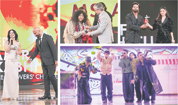  (Clockwise from left) Hania Aamir speaks alongside HSY; Abida Parveen receives the LSA statuette; Fahad Mustafa presents the award to Mawra Hocane; and, artists perform at the 24th Lux Style Awards ceremony. &mdash;Dawn 