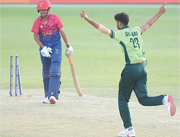 PAKISTAN pacer Abdul Subhan celebrates taking a wicket during the U-19 Asia Cup match against the UAE at the ICC Academy Ground on Tuesday.—Courtesy ACC