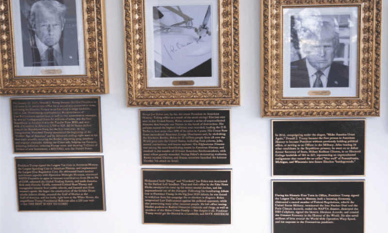 Plaques put up by the Trump administration&rsquo;s Presidential Walk of Fame are seen with descriptions of US presidents along the colonnade of the White House.&mdash;AFP