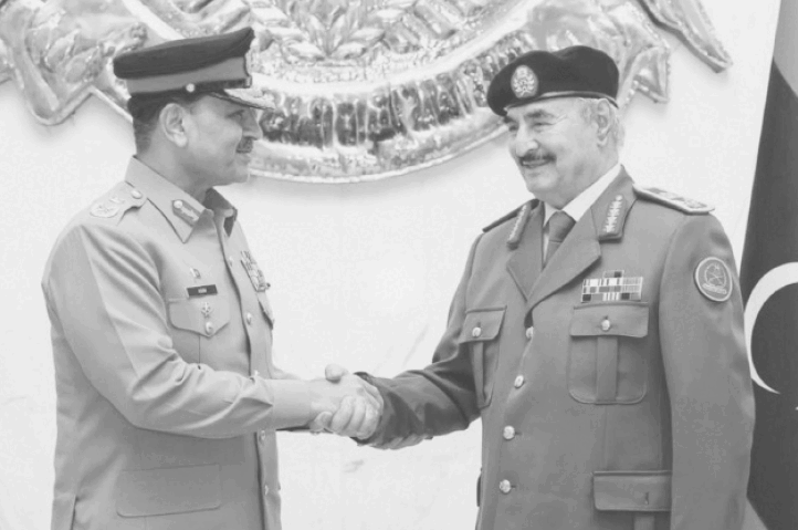TRIPOLI: Field Marshal Asim Munir shakes hands with his Libyan counterpart, Khalifa Belqasim Haftar.&mdash;PPI