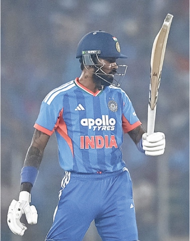 India&rsquo;s Hardik Pandya celebrates after scoring a half-century during the fifth T20 International against South Africa at the Narendra Modi Stadium on Friday.&mdash;AFP