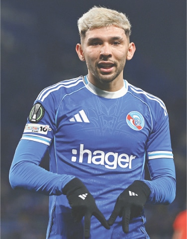 STRASBOURG: Julio Enciso of Strasbourg celebrates scoring against Breidablik during their Conference League match at Stade de la Meinau.—Reuters