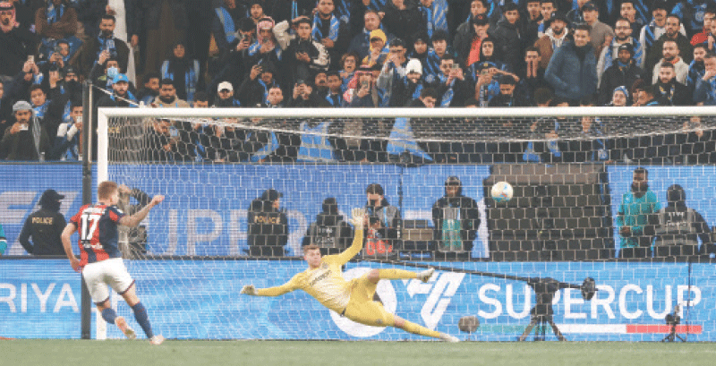 RIYADH: Bologna&rsquo;s Ciro Immobile scores the winning penalty in the shootout during the Italian Super Cup semi-final against Inter Milan at the King Al-Awwal Park Stadium.&mdash;AFP