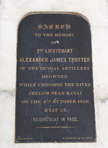 The first plaque installed in the church in memory of the British army officer who drowned in Jhelum River during a campaign in 1856.