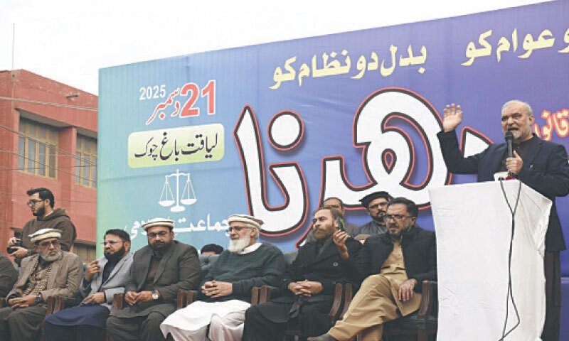JI Emir Naeemur Rehman addresses a protest rally on Liaquat Road in Rawalpindi on Sunday. &mdash; Photo by Mohammad Asim
