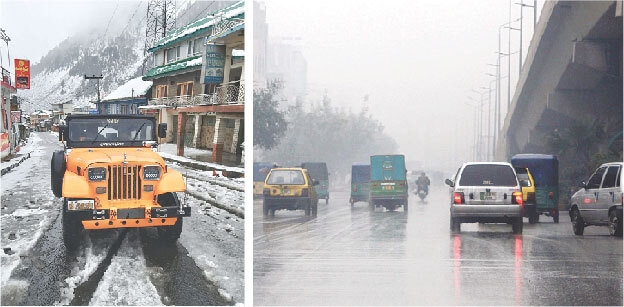  A four-wheeler moves slowly through Naran Bazaar amid snowfall. (Right)Motorists drive through GT Road, Peshawar, during rain. &mdash; Photo by Nisar Ahmed Khan/PPI 