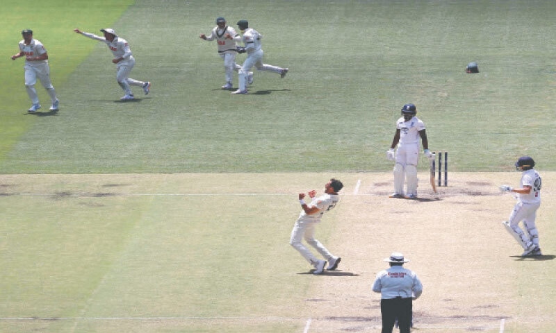 ADELAIDE: Australian pacer Mitchell Starc (C) celebrates dismissing England tailender Jofra Archer during the third Ashes Test at Adelaide Oval on Sunday.&mdash;AFP