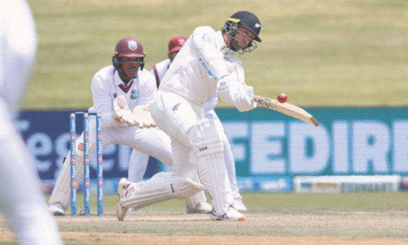 MOUNT MAUNGANUI: New Zealand opener Devon Conway plays a shot during the third Test against West Indies at the Bay Oval on Sunday.&mdash;AFP